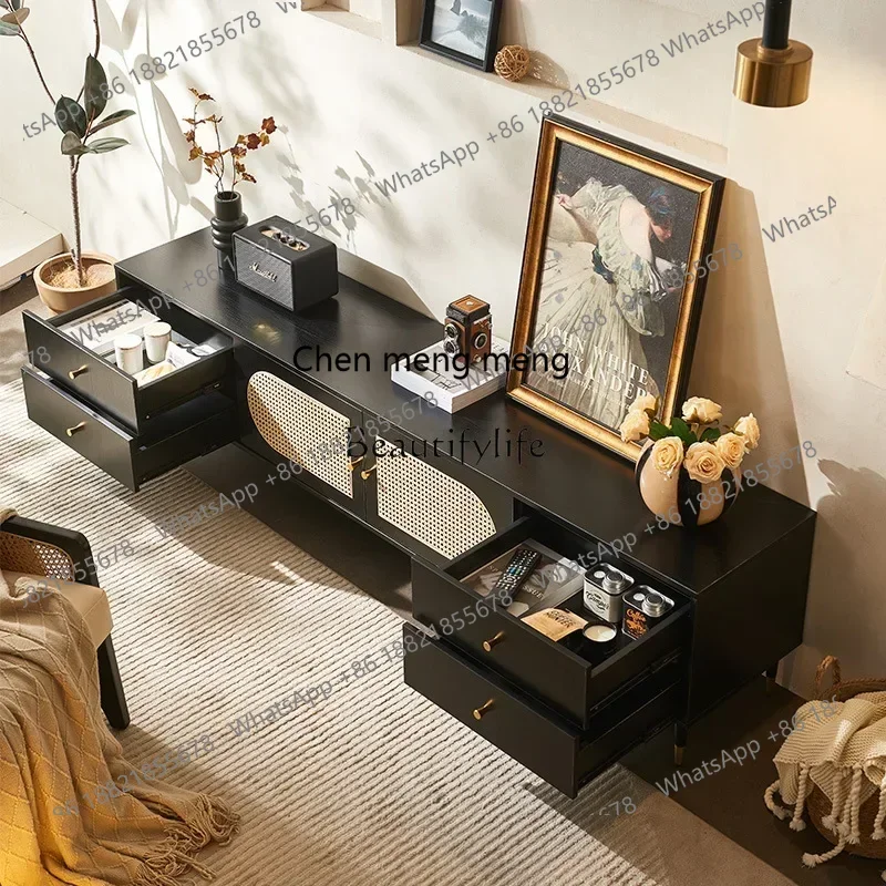 New Arrivals   Retro silent wind rattan board TV cabinet small apartment storage medieval storage cabinetss 7304