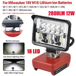 Car LED Work Lights 18LED Flashlights Electric Torch Spotlight USB Power Bank For Milwaukee M18 18V Li-ion Batteries 2800LM 12W