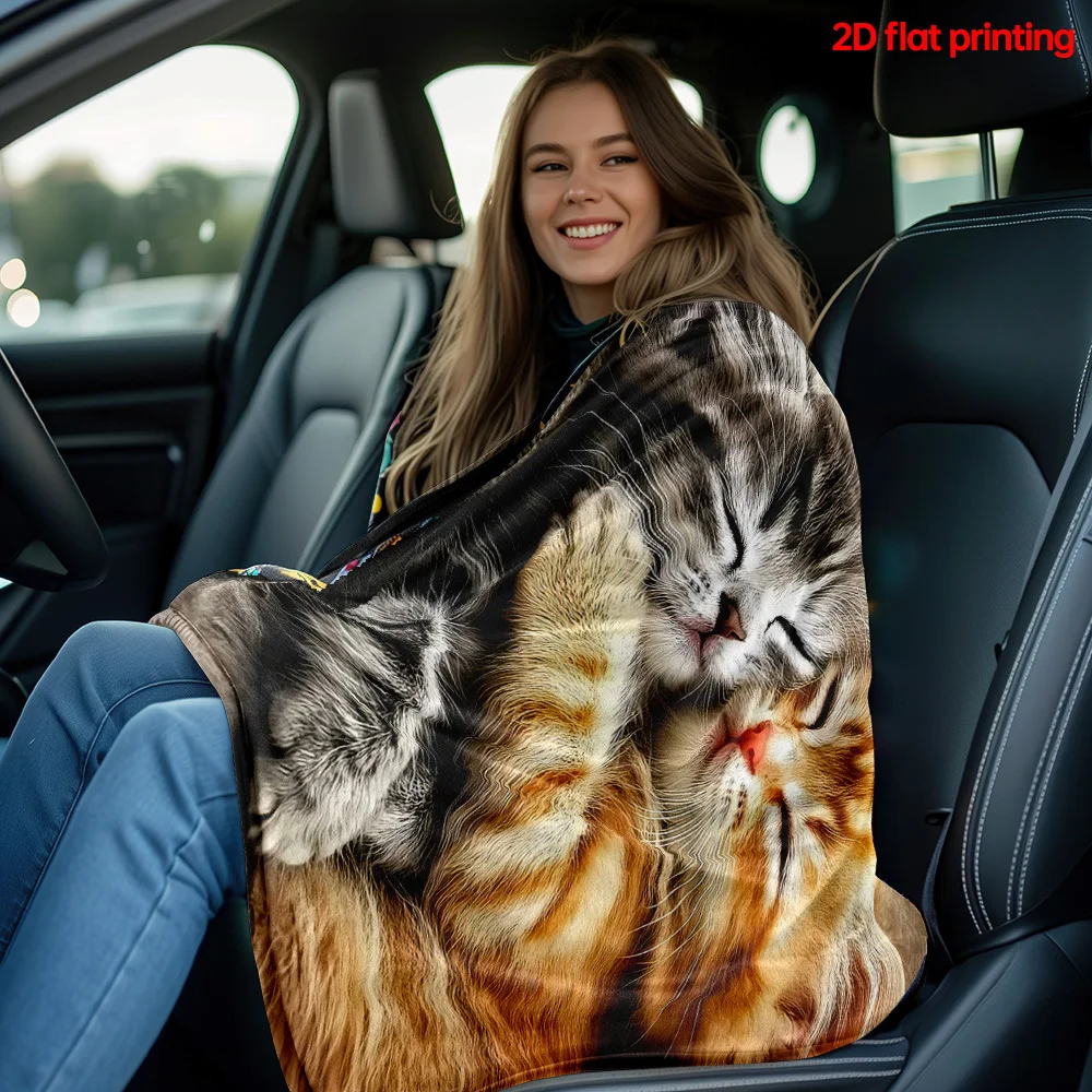 Two Hugged Sleeping Kitten Dark Plush Back Print Flannel Throw Blanket Soft Warm Cover For Sofa Bedroom Pet Lover Decor Gift
