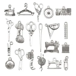20/21/27/74pcs Vintage Sewing Tools Charms Alloy Bobbin, Scissors, Button Design Pendants for DIY Jewelry Making Accessories