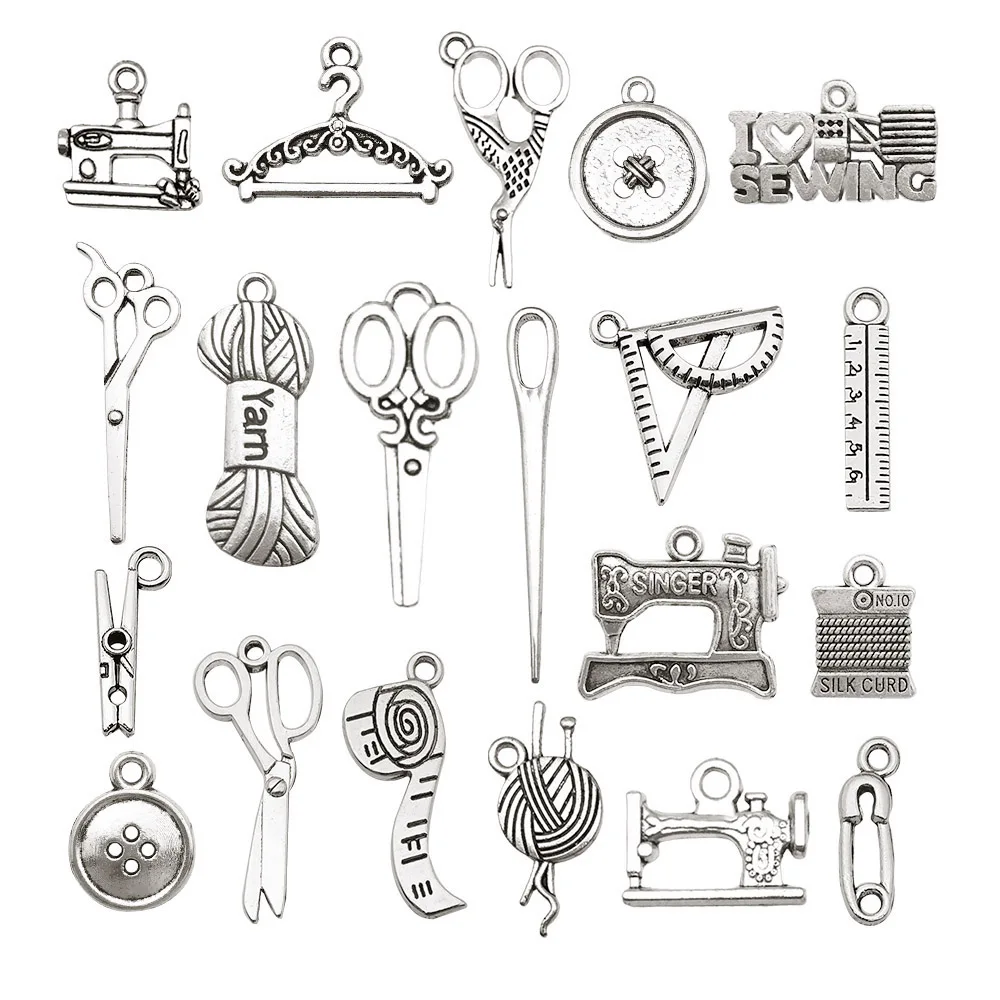 20/21/27/74pcs Vintage Sewing Tools Charms Alloy Bobbin, Scissors, Button Design Pendants for DIY Jewelry Making Accessories