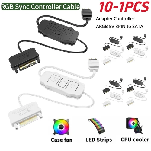 Imagen 1 del producto Cable de Extensión de Interfaz SATA a ARGB de 5V y 3 Pines, Controlador ARGB de 5V y 3 Pines, Cable de Controlador de Sincronización RGB para Ventilador de PC y Tira de Luces, 10-1 Piezas