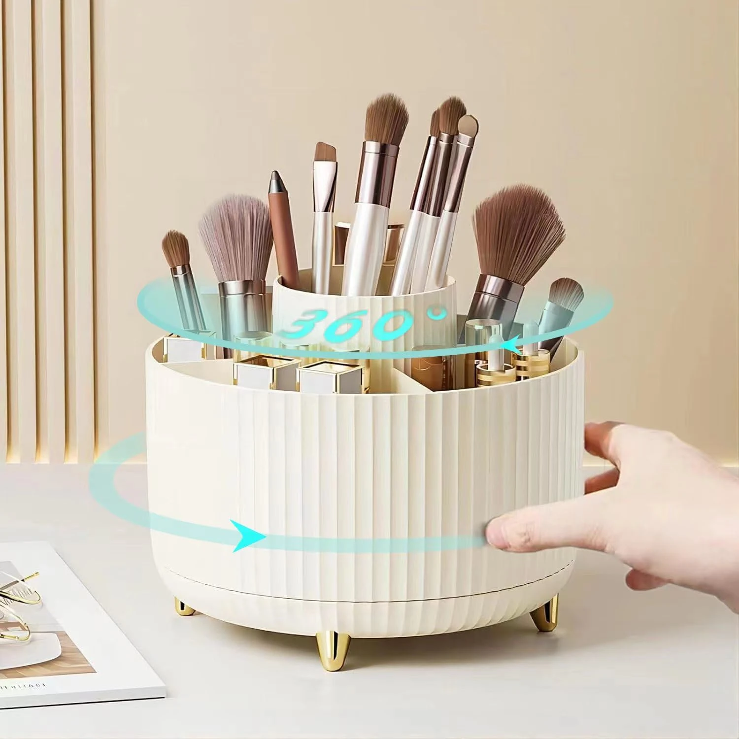 Transform Your Makeup Routine with a Stylish and Practical Ivory Beauty Organizer that Rotates. See the Difference in Convenienc