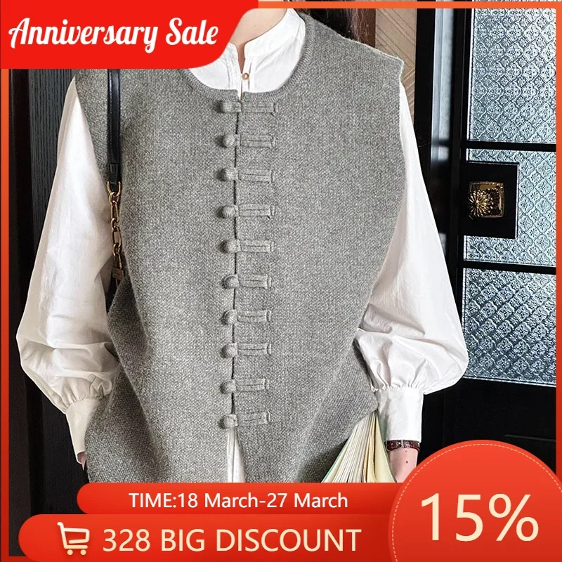 

Autumn Chinese Style Plate Button Knit Top Women Cardigan Round Neck Vest Vest Cute Retro Simple Warmer