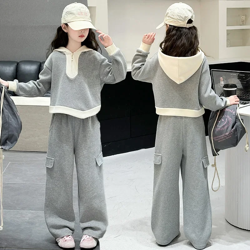 

Детские осенние спортивные комплекты для девочек, новая лоскутная толстовка с капюшоном + широкие спортивные штаны с эластичной резинкой на талии, комплекты из двух предметов для школьниц