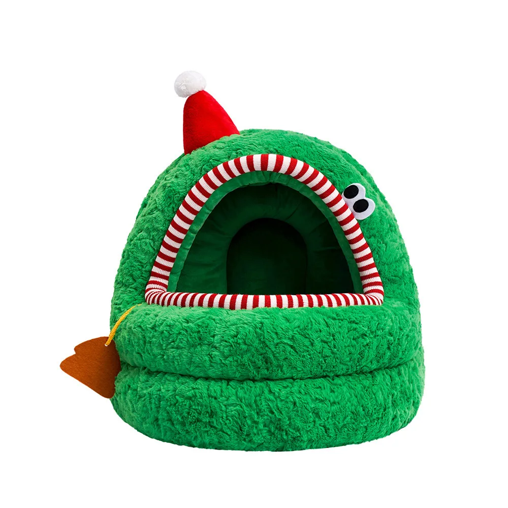 

Large Space Winter Warm Cat Nest Christmas Green Velvet Semi-Enclosed Pet Nest Detachable and Washable for Living Room