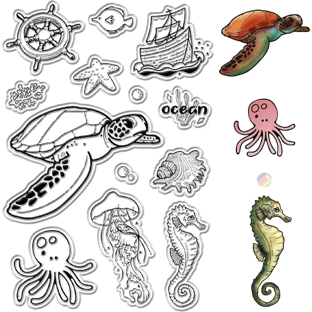 Океан, морская черепаха, прозрачные штампы, морской организм, животные, медузы, морские коньки, морская звезда, осьминог, лодки, ретро, прозрачный силикон