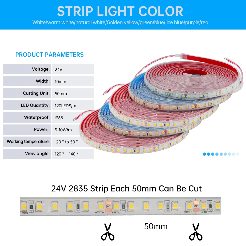 IP68 Waterproof LED Strip Light 24V 0.5M 5M 10M 15M 20M 2835 120Led/M 3000K 4000K 6000K Outdoor Ribbon Rope LED Light 9 Colors