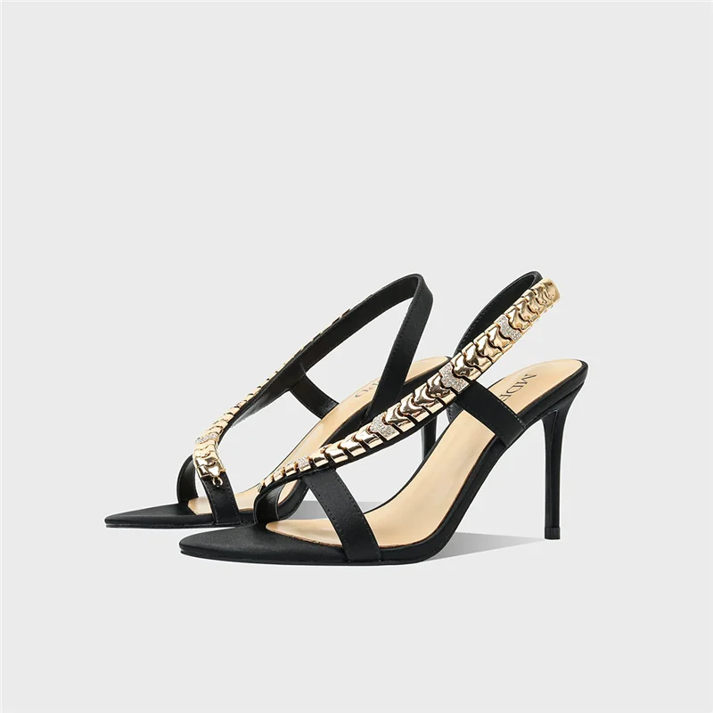 Summer new round toe exposed toe satin metal rhinestone chain temperament sandals banquet dress slim heels high heels women shoe