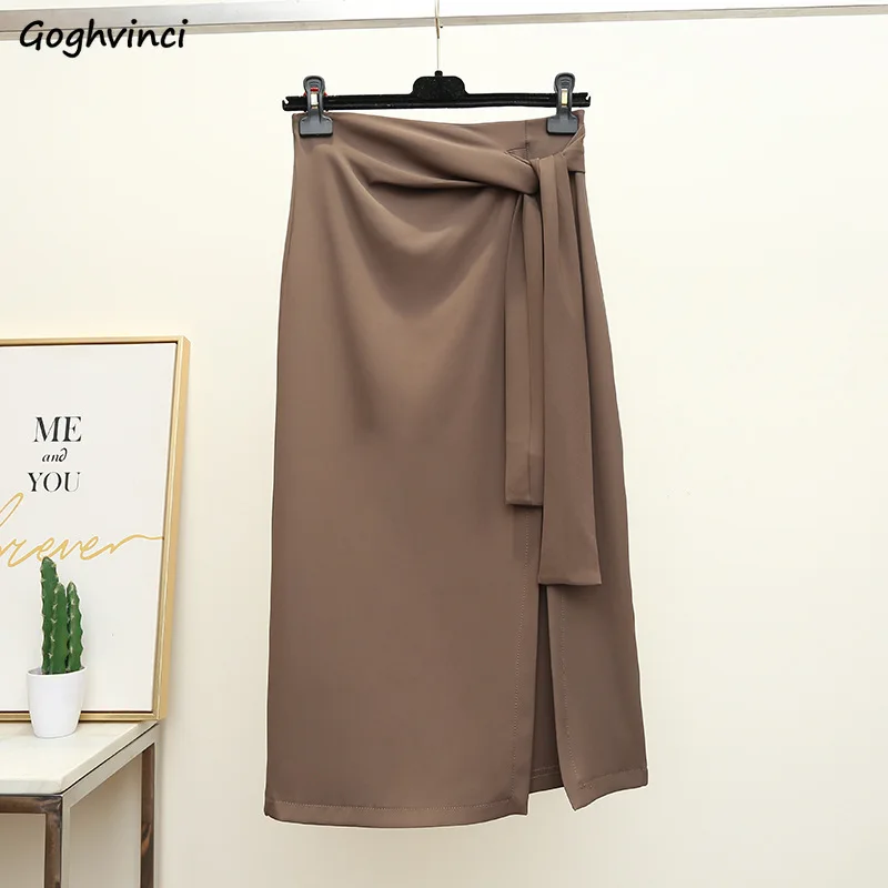 

Skirts Women Solid Elegant Tender Folds Side-slit Chic Lace-up Ice-silk Casual All-match Trendy Ulzzang Classic Prevalent Y2k