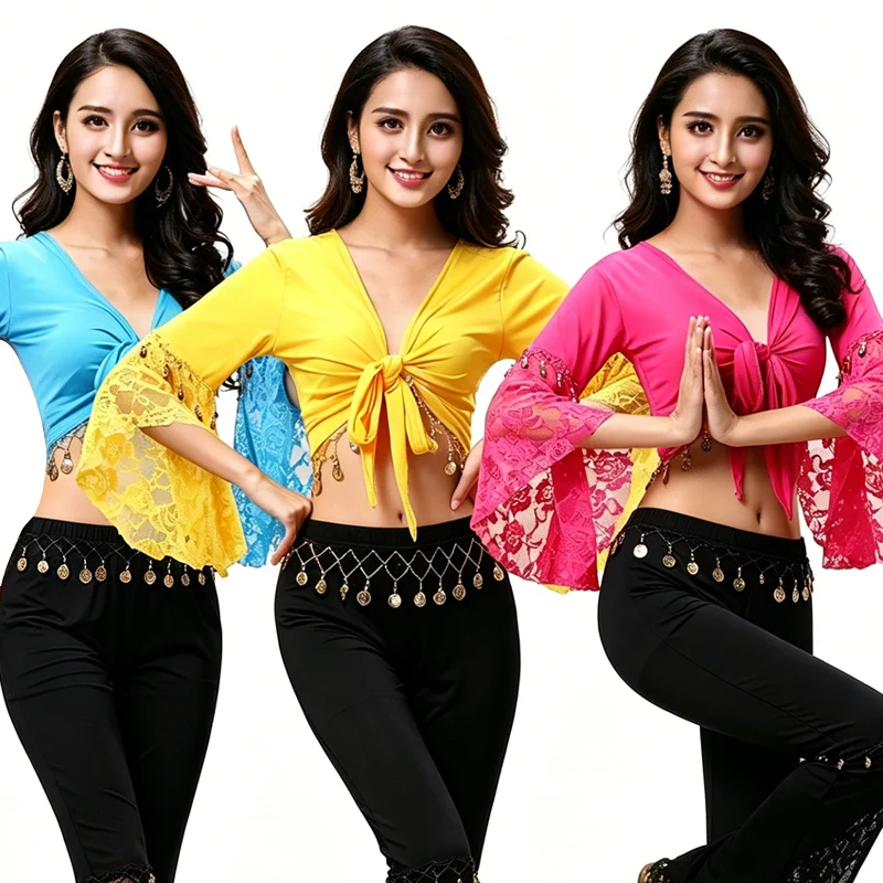 

Топ для выступлений по восточным танцам с кружевной накидкой и длинными расклешенными рукавами, костюм для тренировок и выступлений