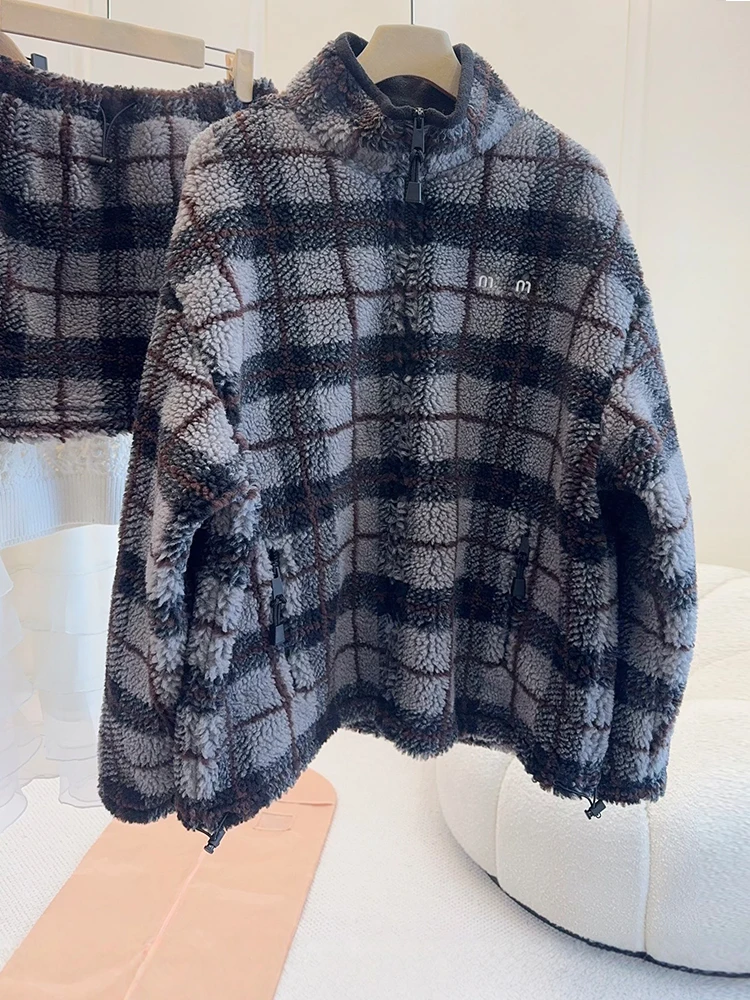 

Lamb Fur Letter Embroidery Loose Fit Zipper Jaet Lazy Sle Women's ort Coat Casual Daily Wear Stand Collar Outerwear