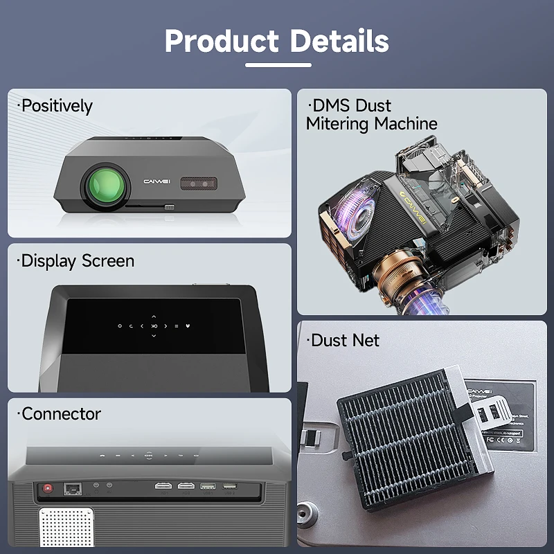 Projetor Caiwei 1080p 16000:1 Smart Android Wireless WiFi LED Projetor de telefone móvel Projetor inteligente Home Theater