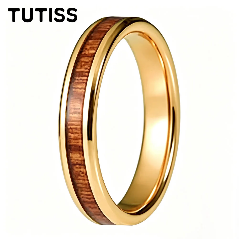 Fashion 4mm Tungsten Carbide Wedding Band, Yellow Peach Wood Inlay, Unisex Minimalist Promise Engagement Anniversary Jewelry