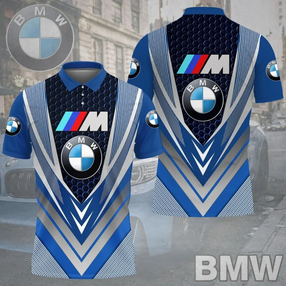 Trendy 3D Printed Pattern Short Sleeves BMW Motorcycle Riding Sport Tops Casual Comfortable Lightweight Polo Shirt with Buttons