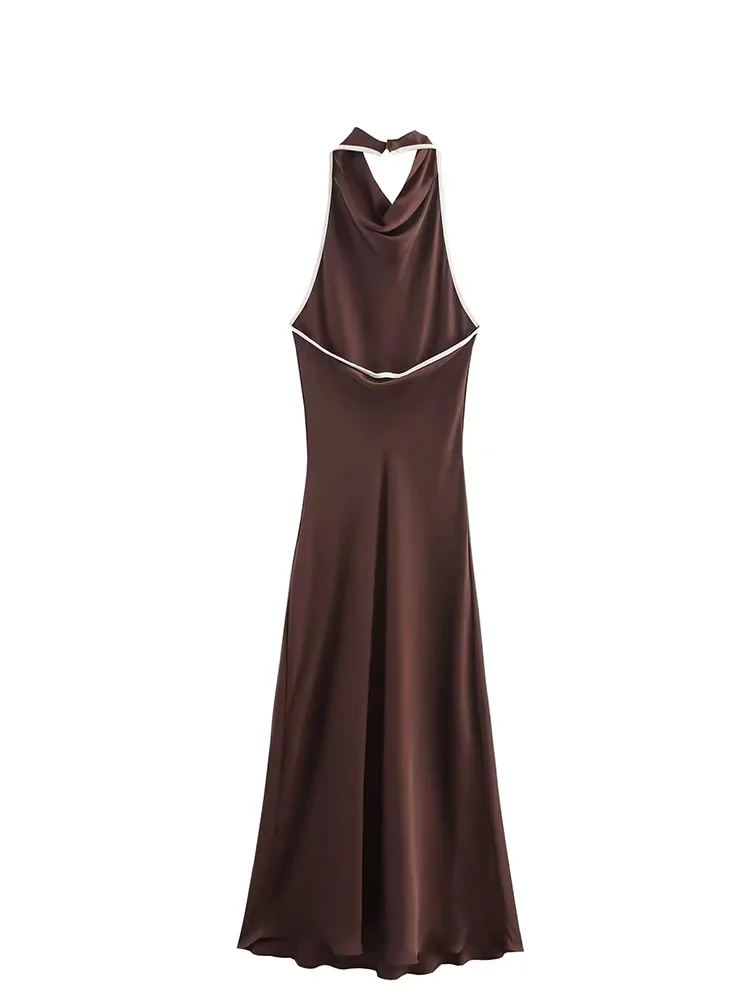 فستان نسائي أنيق من HH بياقة معلقة وياقة على شكل زر فستان بني صيفي أنيق مثير بدون ظهر بدون أكمام للحفلات فساتين طويلة #6