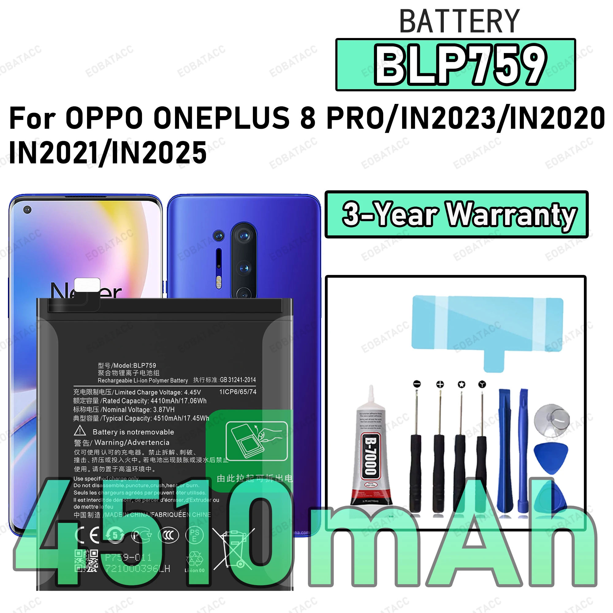 

100% New High Quality BLP759 Battery For OPPO ONEPLUS 8 PRO /IN2023/IN2020/IN2021/IN2025 Replacement Battery Bateria+Free Tools