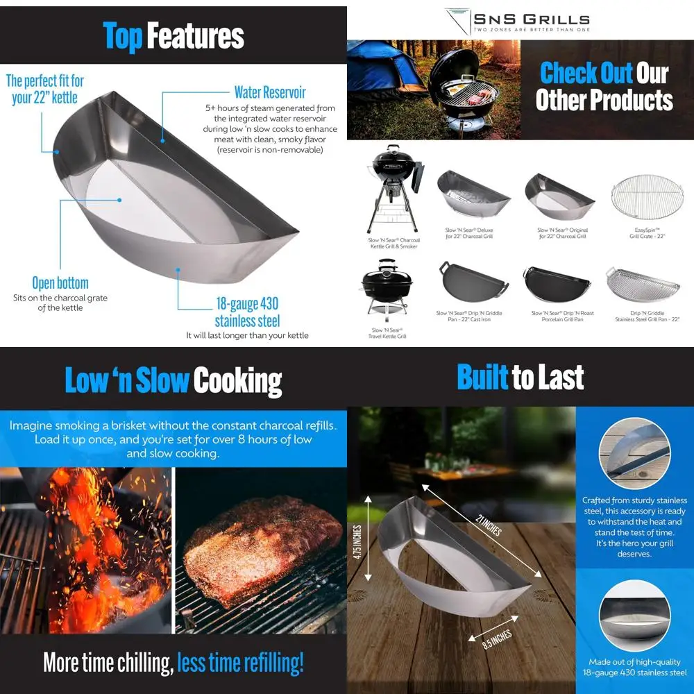 Cesta de carbón de acero inoxidable con depósito de agua para fumar y asar lento Low 'N - 22 pulgadas para parrillas de hervidor