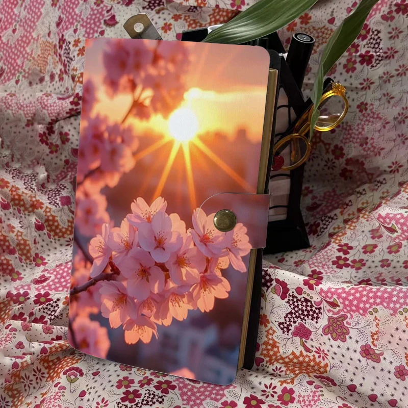 

Sunset Cherry Blossom Print A6 PU Leather Notebook Magnetic Buckle Closure Diary Planner for Students Office Flower Lover Gift
