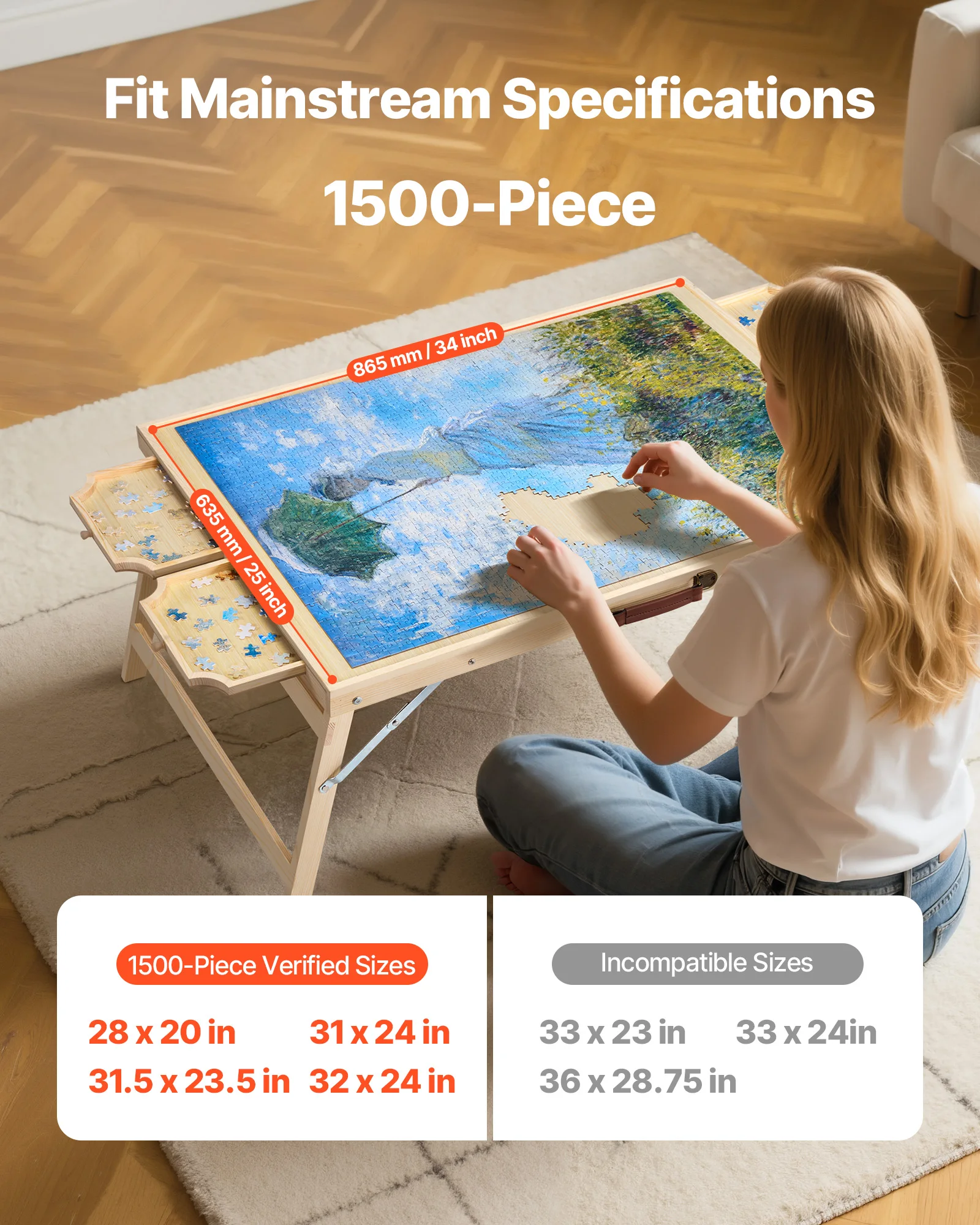 SucceBuy 1500피스 퍼즐 테이블(접이식 다리 포함) 4개의 서랍 및 커버 휴대용 나무 보드 펠트 표면 직소 퍼즐 액세서리