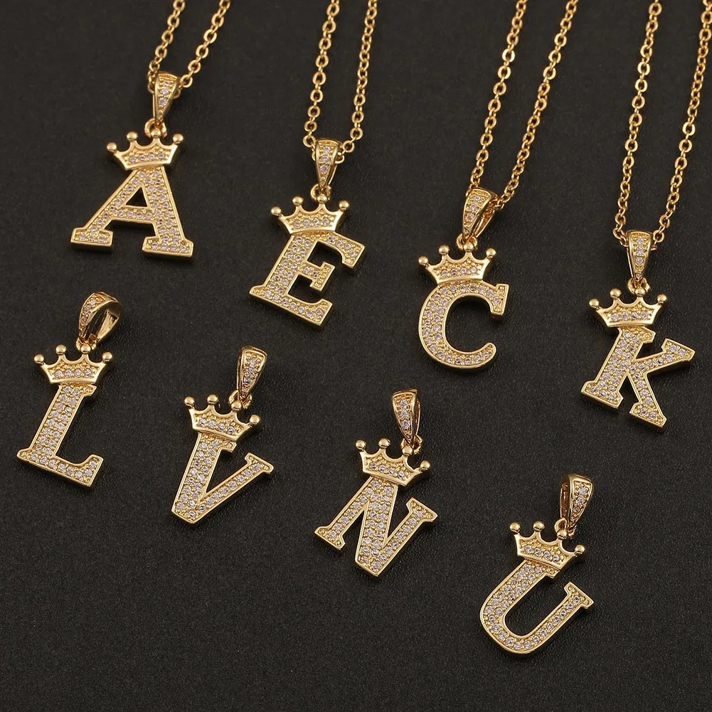 New Luxury Copper Zircon A-Z Initial Letter Necklace Crown Alphabet Pendant Necklace Hip-Hop Style Fashion Woman Man Jewelry