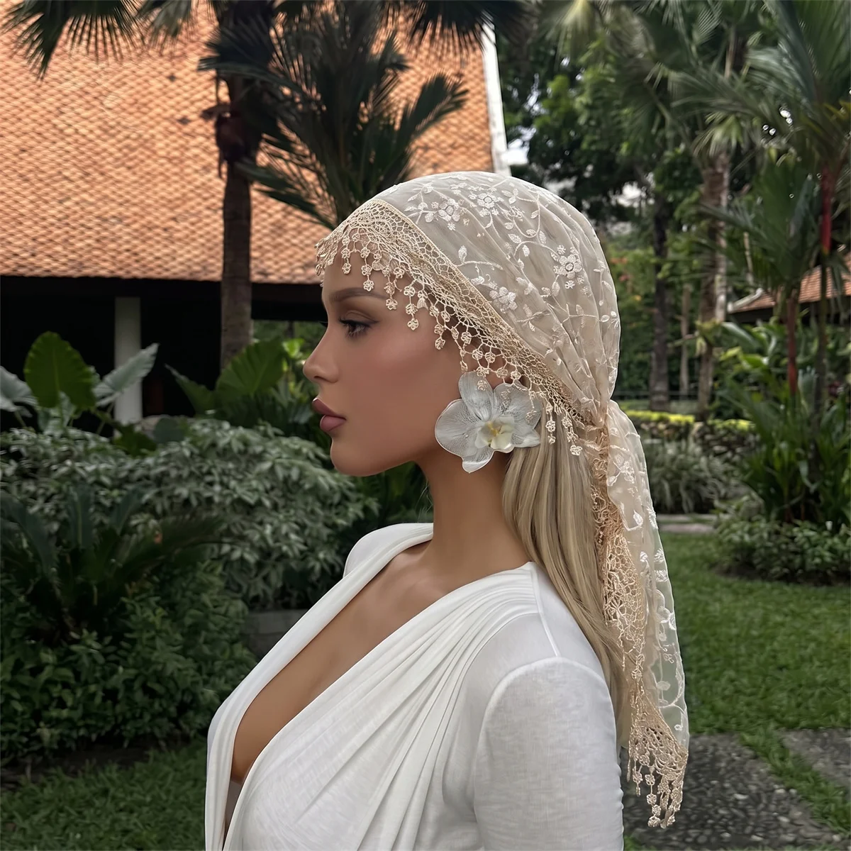 Luxury Embroidery Lace Tassel Headscarf Women Sheer Mesh Bandana Hijab Vintage Floral Head Wrap Boho Hair Scarf Daily Accessory