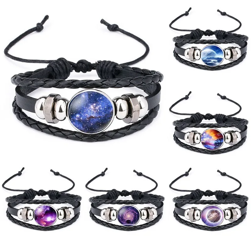 Popular Jewelry Glass Pendant Leather Bracelet Vintage Simple Starry Sky Natural Personality Handwoven Multilayer Bracelet
