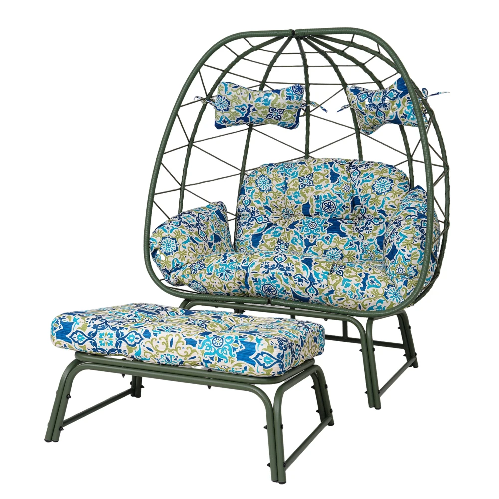 

Double Patio Egg Chair with Ottoman: Wicker Outdoor 2-Person Lounge with Footrest for Balcony, Garden & Backyard