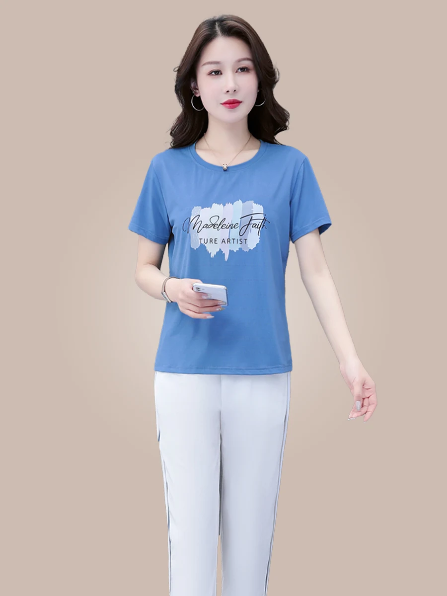 

Ice Silk Qui Dry Sportswear Set Women's Summer New Print ort Sve round Ne Running Two Piece Set Breathable Long Pants