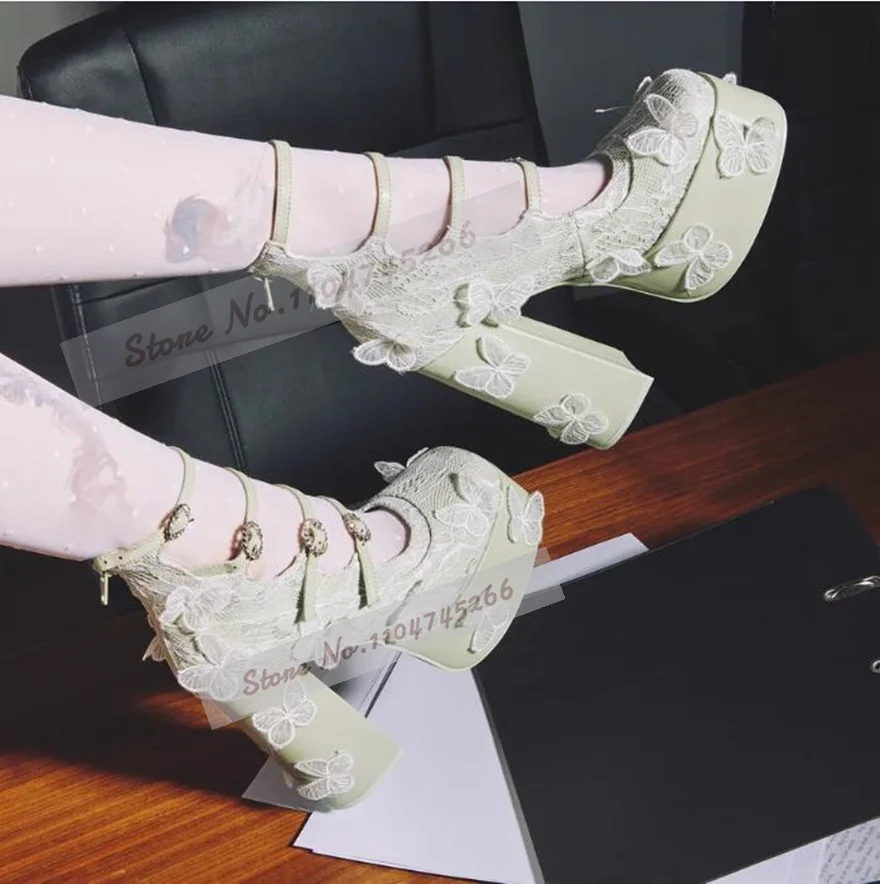 فراشة بيضاء الدانتيل منصة الكعوب لوتس الأخضر غريبة صندل بكعب مكتنز فستان مضخات منصة عالية المطرزة كريستال مشبك الأحذية