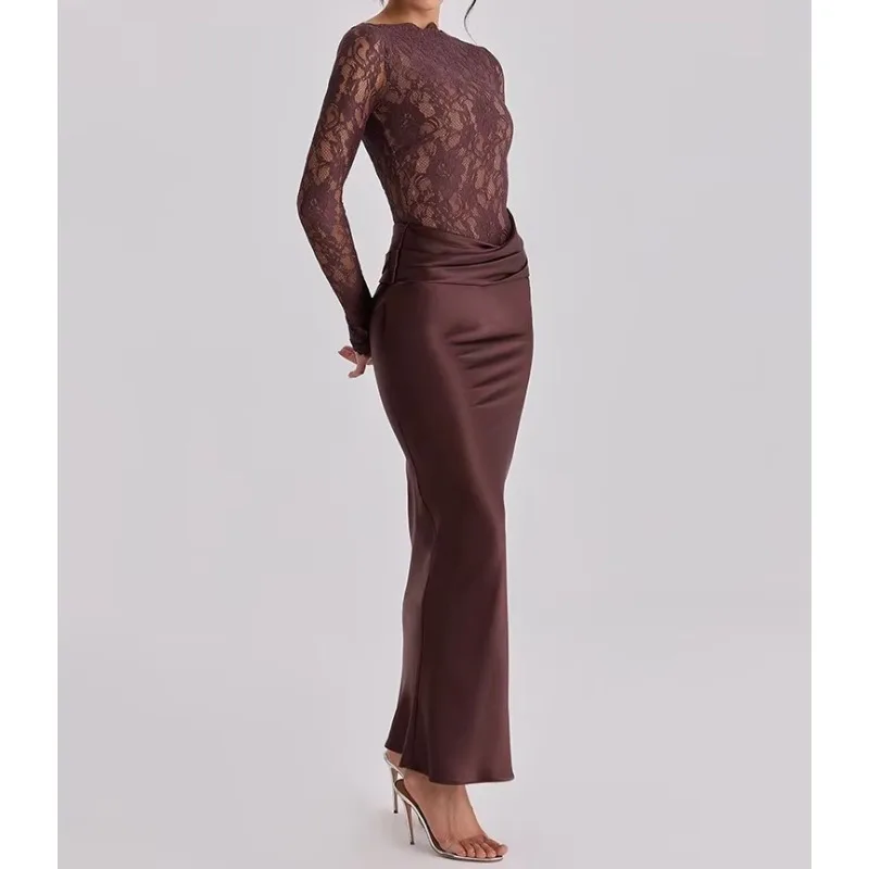 Off Shoulder Lace Satin Maxi Dress Women Elegant Long Sleeve Ruched Bodycon  Evening Club Party Formal Dress