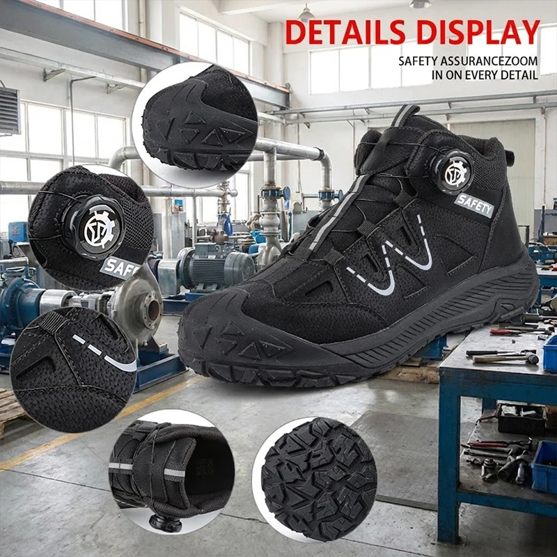 Unisex Mid‑Top Rubber Sole Easy‑On Rotary Knob Safety Shoes Steel Toe Anti‑smash Puncture‑Proof Industrial Footwear