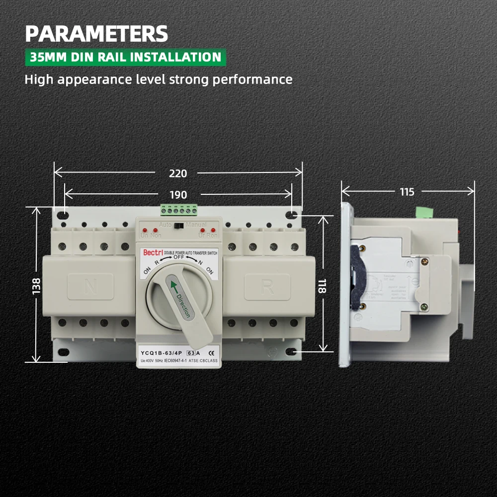 YCQ1B/63 Dual Power Automatic Transfer Switch AC230V 4P 63A 50/60Hz MCB Auto/Manual Switching Circuit Breakers