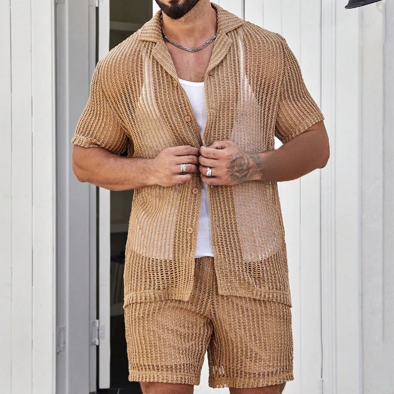 Summer See-through Men's Shirt Suit Men's Clothing Men's Sexy Cut-out Shorts Two Sets Business Casual Male Polo Shirt Tracksuit