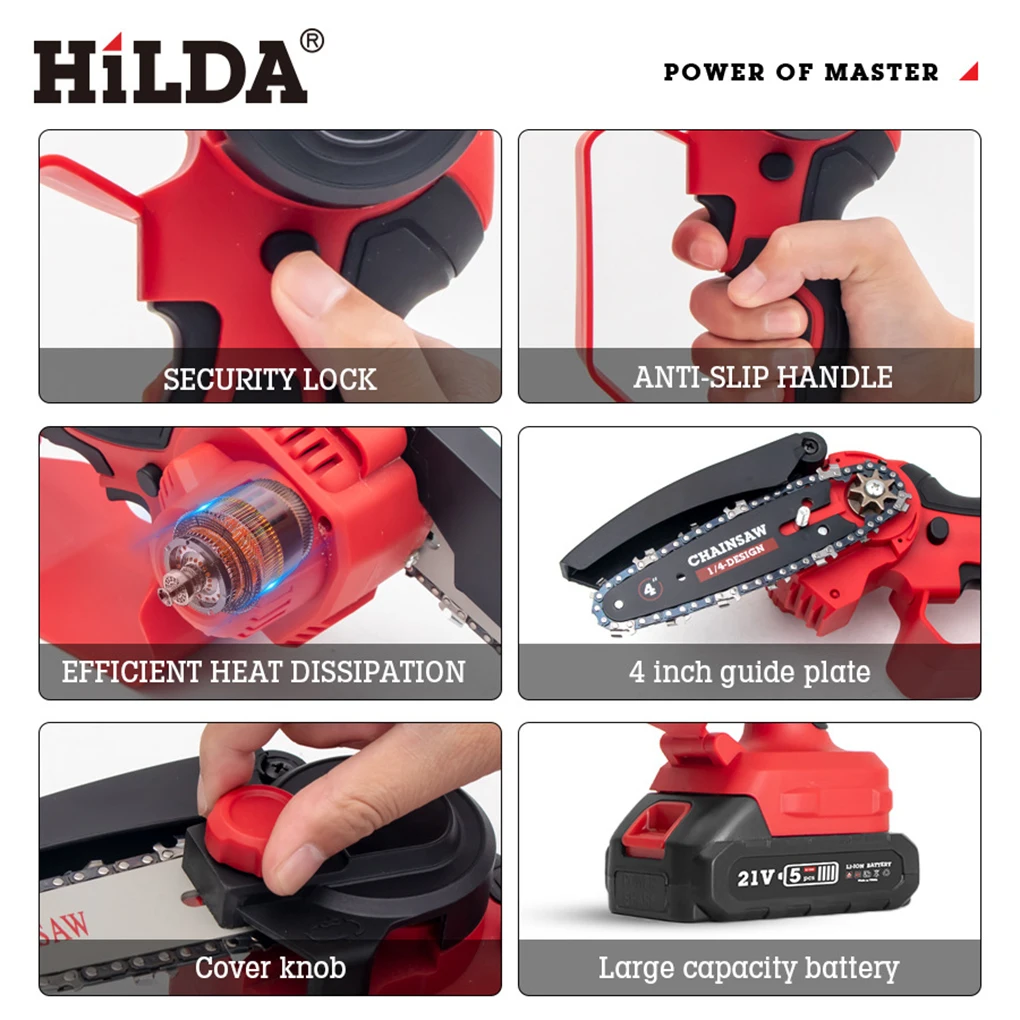 HiLDA Rechargeable Cordless Mini Electric Chain Saw Woodworking Saw High Power Electric Saw Garden Logging Saw Chain Saw