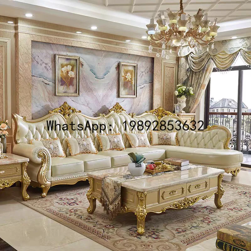 CZ  Leather Sofa Set American Style Living Room Solid Wood Corner Small Apartment High-End Champagne Gold Full House Furniture