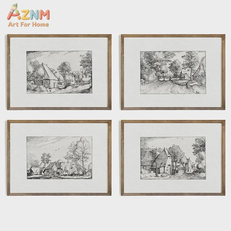 AZNM Vintage Rural Village Landscape Sketch Canvas Wall Art Retro Black White Countryside House Tree Unframed Painting For Home
