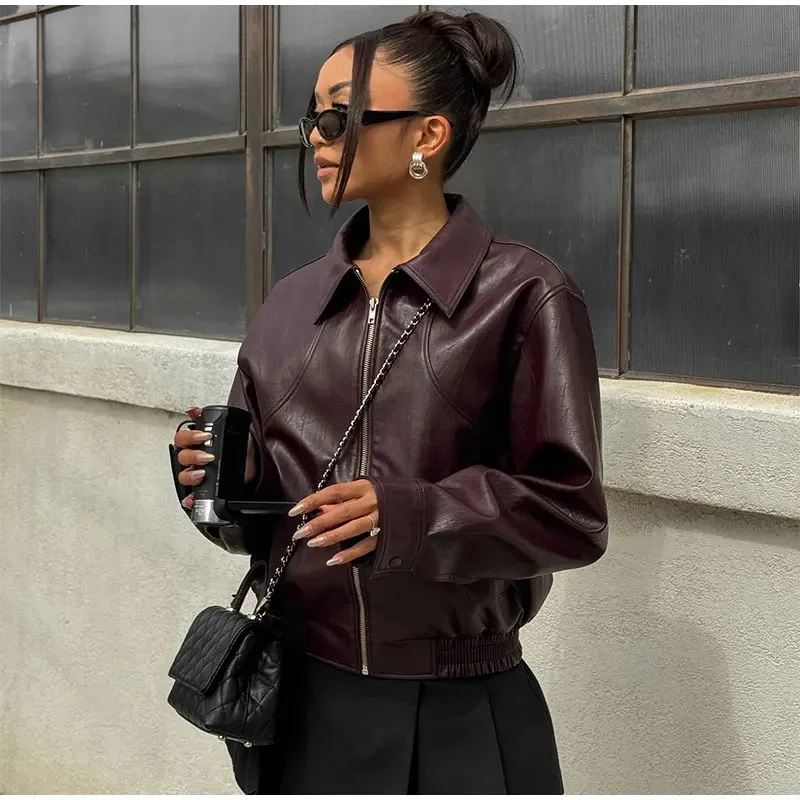 Chic Solid Color Lapel Cropped Leather Jacket Fashion Women's Pockets Long Sleeves Short Coat 2025 Lady Autumn High Streetwear