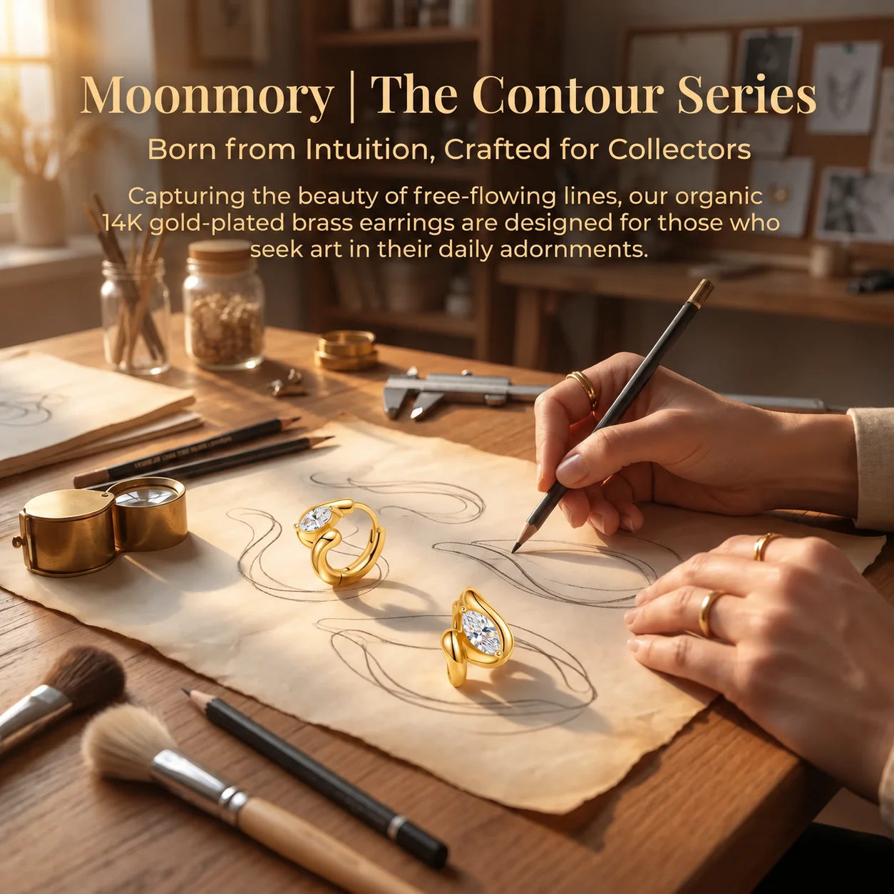 Moonmory Minimalistische Luxus-Ohrringe aus Messing mit gedrehter Birnenform für Damen, 14 Karat Gold, doppelt vergoldet, Marquise-Kontur-Tropfen-Huggie-Ohrringe – Detail 16