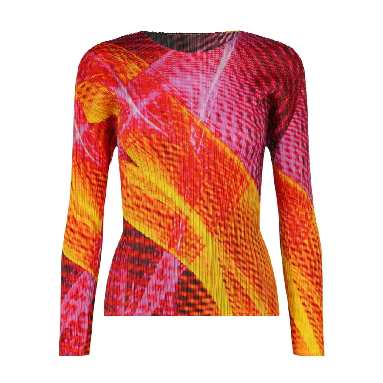 مياكي مطوي بأكمام طويلة متعدد الألوان الطيف الأعلى المرأة الجرافيك المطبوعة الملابس مطوي التريكو تي شيرت