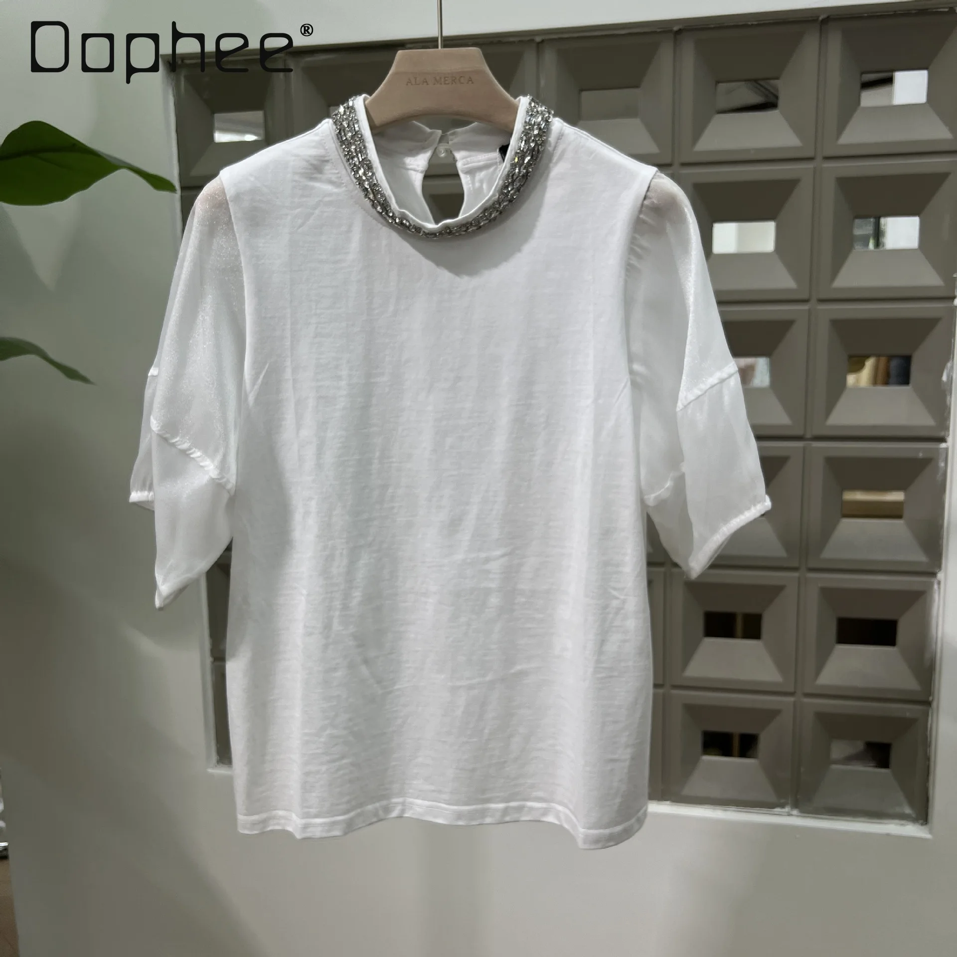 

Fashion Temperament Heavy Industry Diamond Round Neck Short-sleeved T-shirt Simple Trend Loose Casual Tops Commuter Style Top