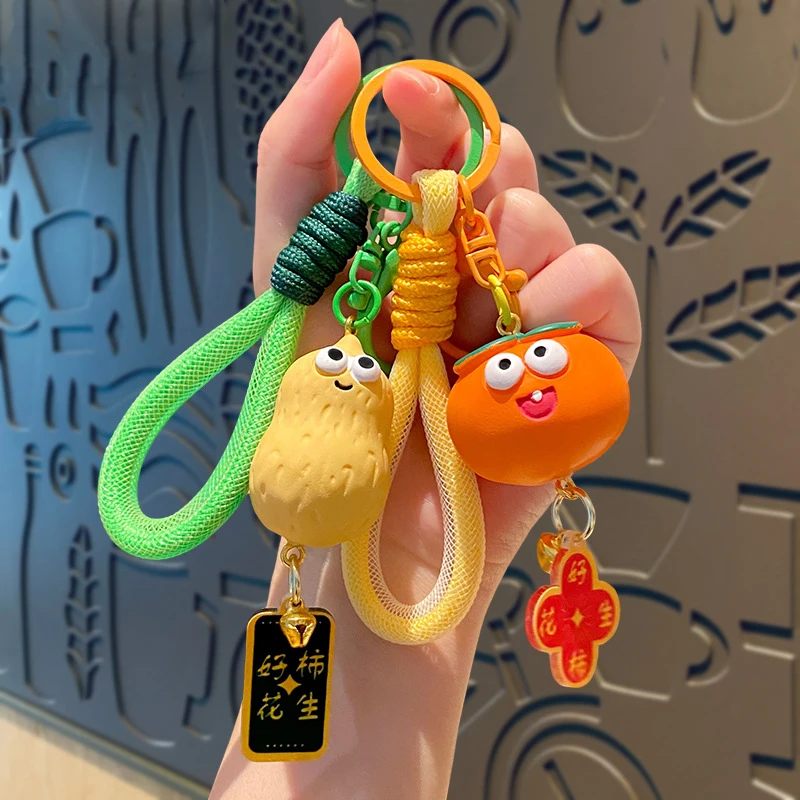 Cartoon Good Things Happen Persimmon Fruit Elf Doll Pendant Key Chain Cute Exophthalmos Peanut Green Hand String Buckle Keyring