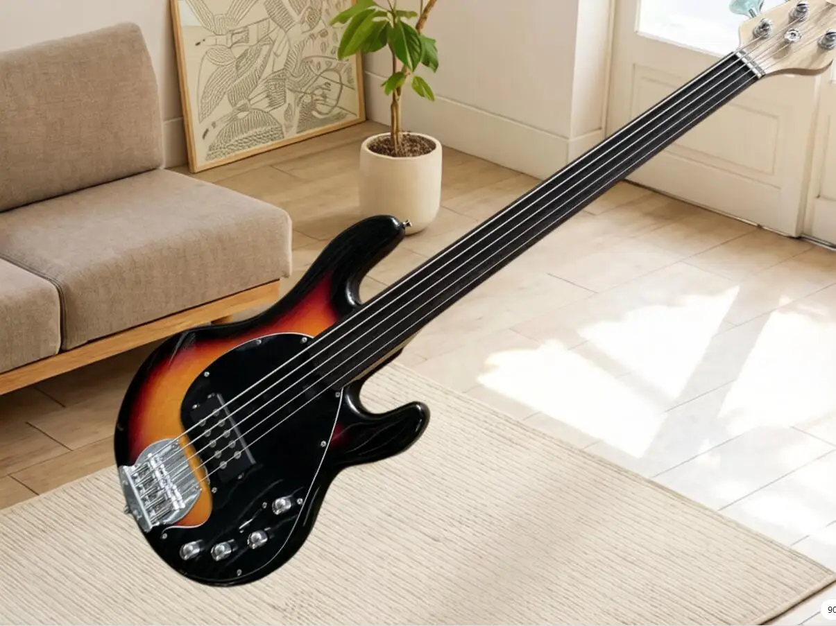 5 strings sunset bass guitar, fretless bass, fixed bridge, solid wood body maple neck, H pickups, active circuit - view 6