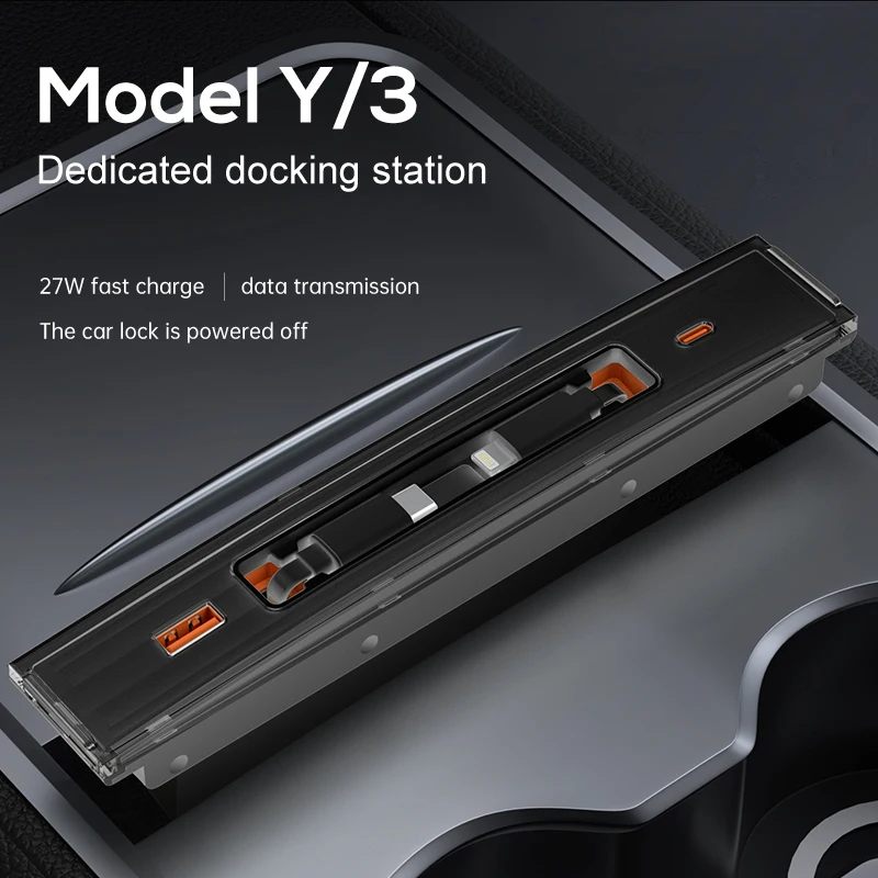 USB Hub for Tesla Model 3/Y Retract Cable 2-Port 27W Fast Charger Smart Docking Station Adapter Power Shunt Splitter Extension