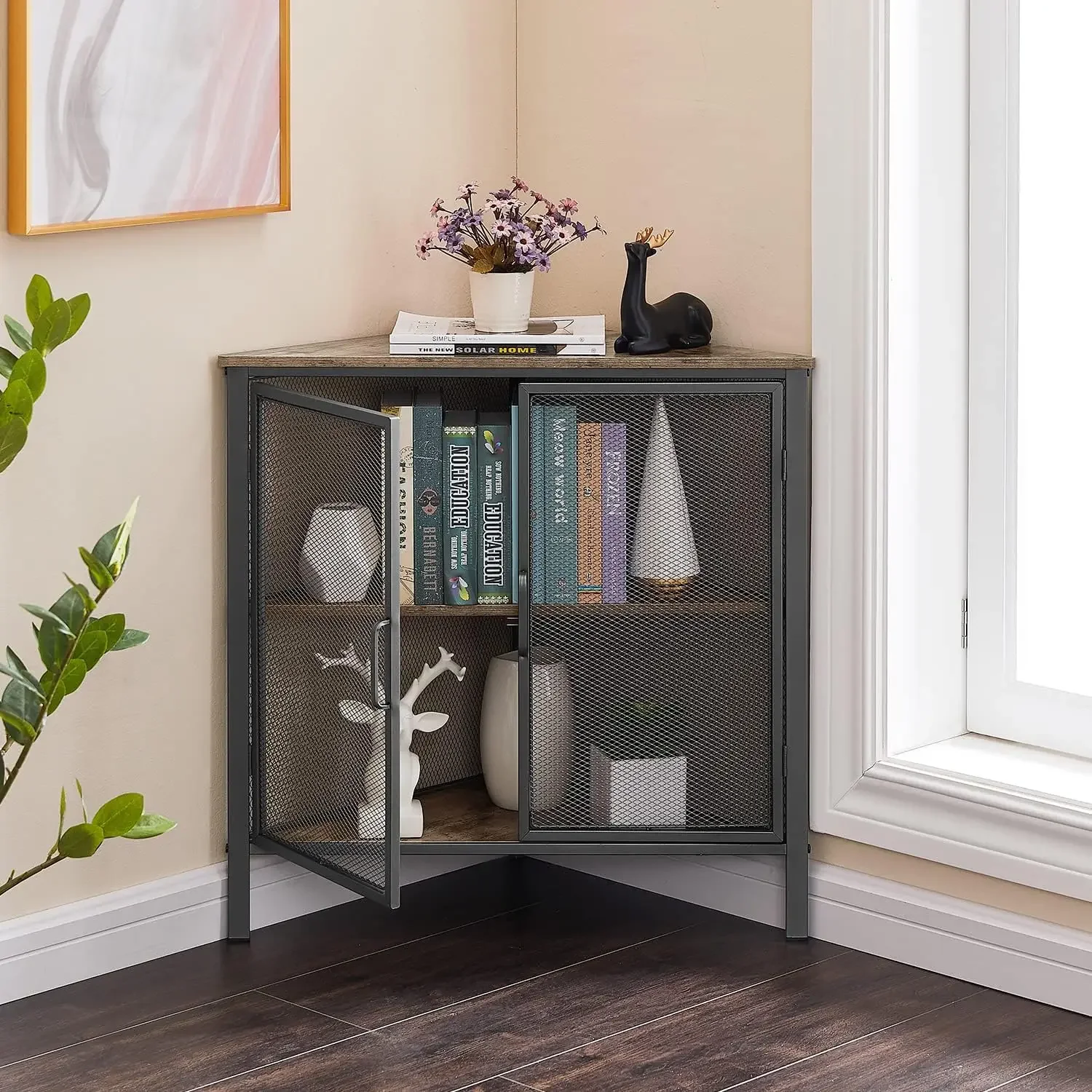

Corner Cabinet/Table, 3-Tier Shelves with Protection Door, Metal Frame Storage Shelf Organizer for Small Space, Living Room