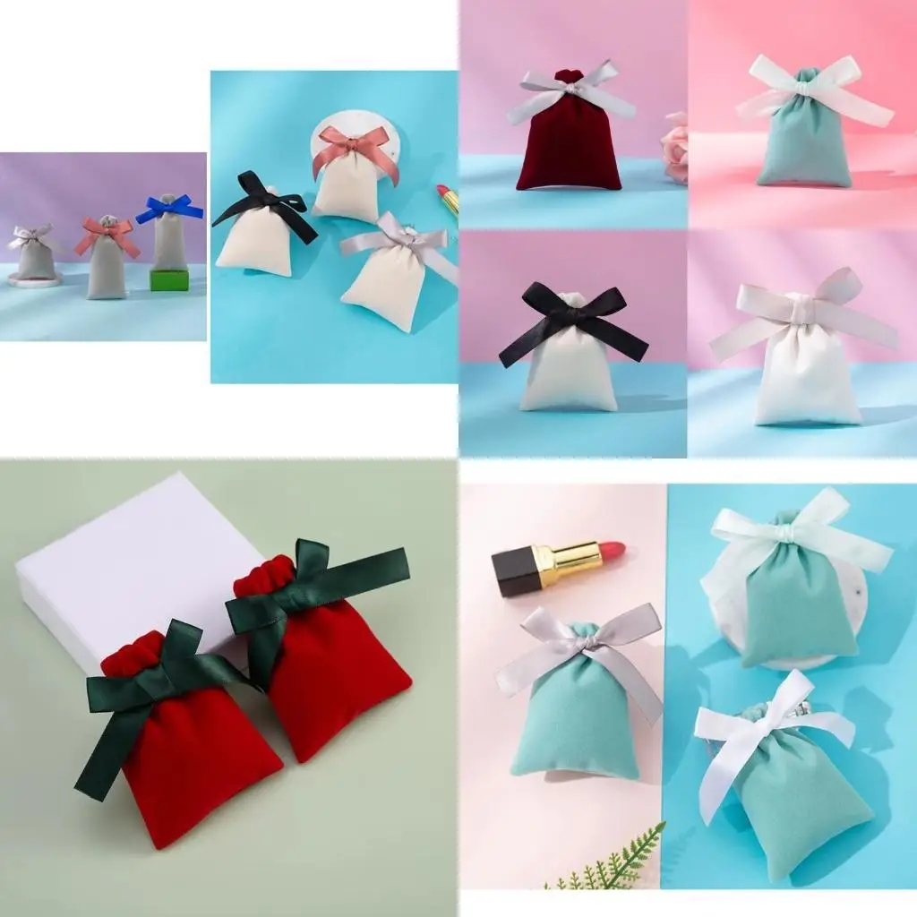 

A52E Set of 10 Plush Velvets Drawstring Bag with Silk Ribbon Bowknot Storage for Beauty Accessories Jewelry