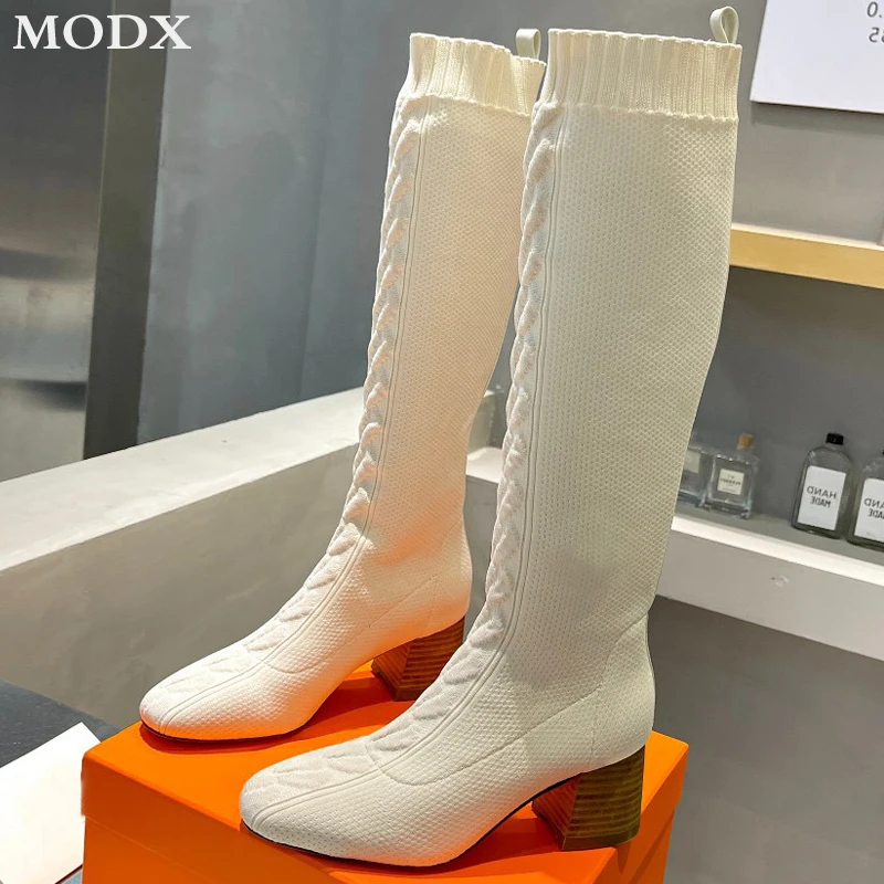 Knitted Square Head Stretch Sock Boots For Women Chunky Heel Slim Fashion All-match Knee-high Boots Luxury Brand Runway Shoes