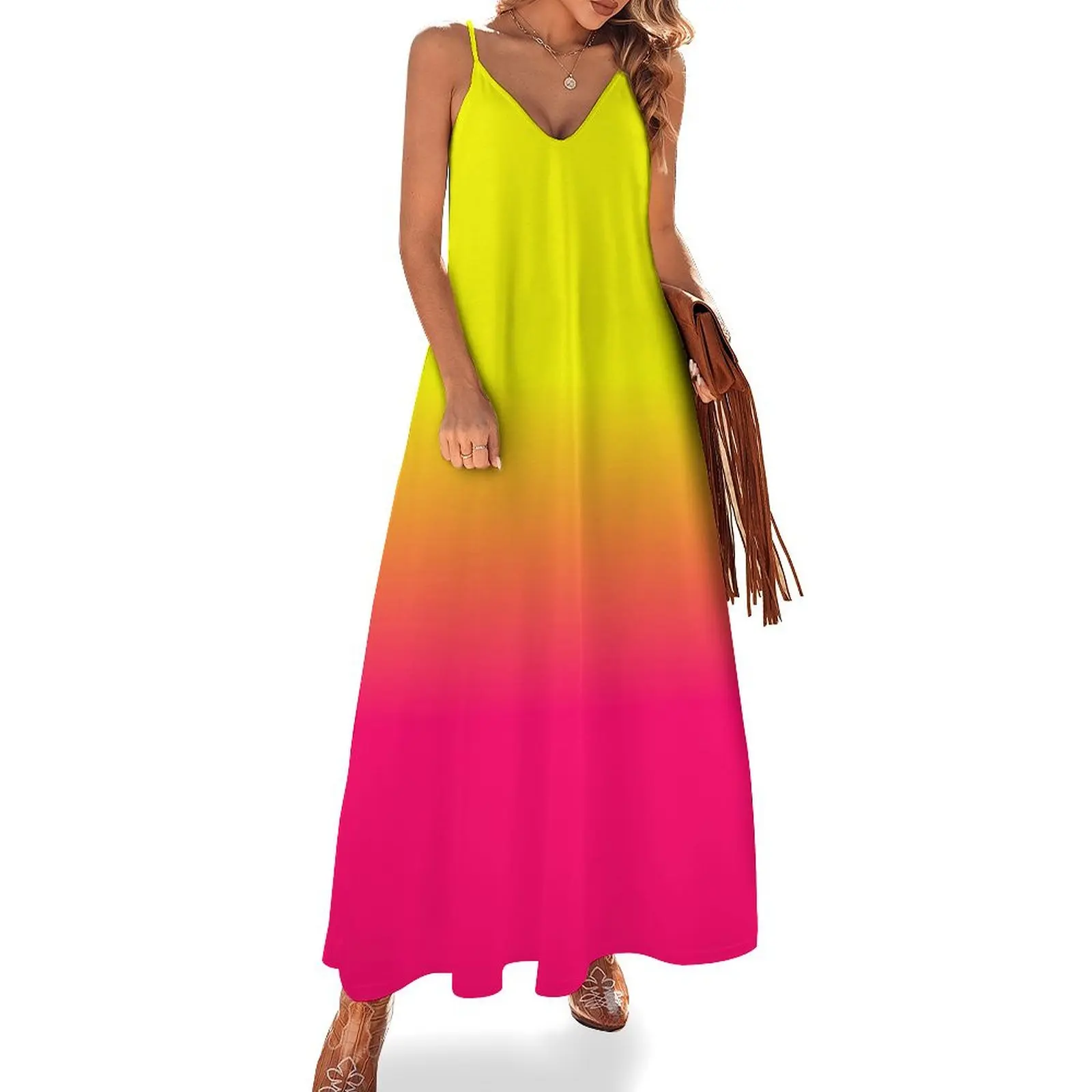 

Neon Pink and Neon Yellow Ombré Shade Color Fade Sleeveless Long Dress Party dresses women clothing 2025 new arrivals Dress