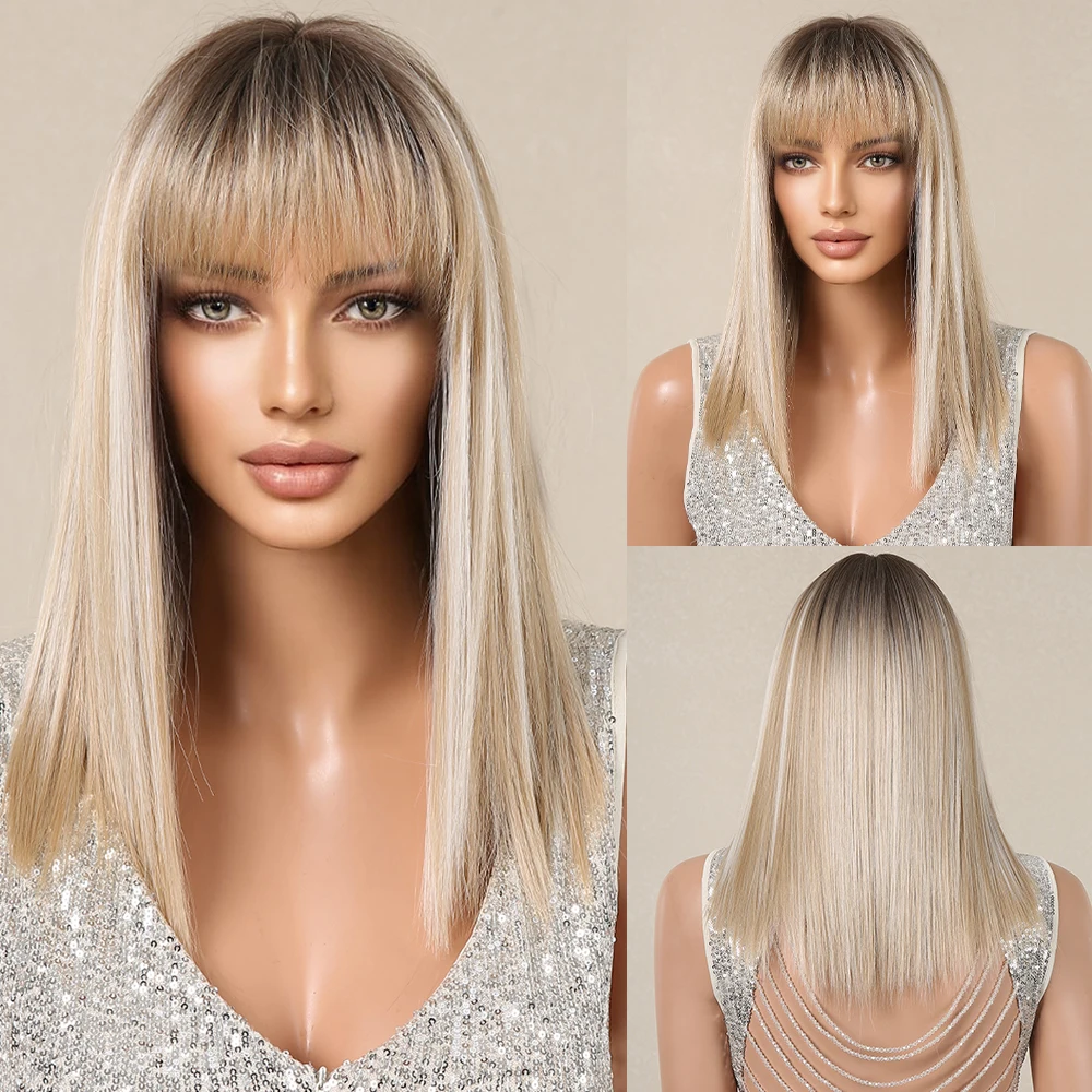 HENRY MARGU Blonde Silky Straight Synthetic Wigs with Bangs Medium Long Natural Platinum Wig for Women Cosplay Heat Resistant