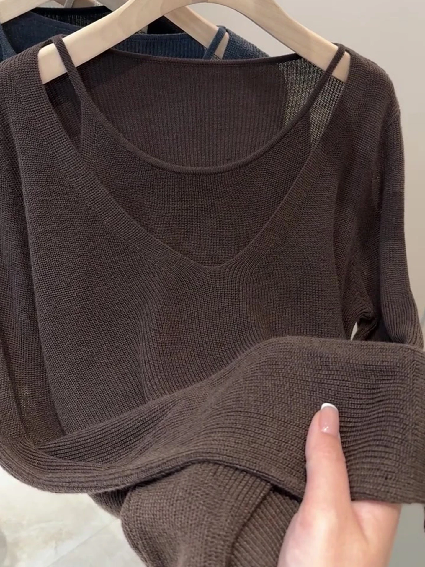 Retro Gebreide Lange Sve Base irt Casual Pure Kleur Lazy Sle Herfst Top Ensemble Nep Tweedelige Set Pendelen Koreaanse versie